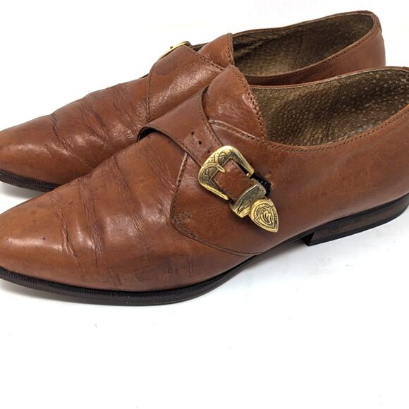 1980s Vintage Proposta Italian Leather Loafers with Western Buckle Brown Size 37 - Picture 12 of 13